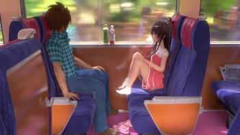 1boy 1girl 3d age_difference black_hair brown_hair child dress feet from_side full_body hair_ornament legs looking_at_another mm-star polka_dot pov profile shoes sitting sneakers socks thighs to_love-ru train train_interior window yuuki_mikan yuuki_rito