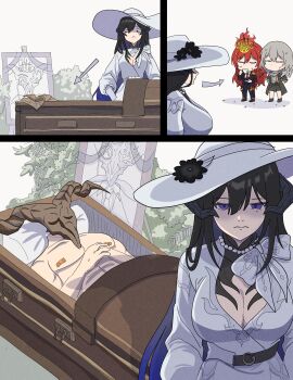 1boy 3girls absurdres arrow_(symbol) bandaid bandaids_on_nipples bead_necklace beads belt black_belt black_hair blue_eyes bow breasts chibi cleavage closed_eyes coffin commentary constance_(honkai:_star_rail) corpse cup darnuks dress drinking duke_inferno_(honkai:_star_rail) funeral grey_hair hat highres himeko_(honkai:_star_rail) holding holding_cup honkai:_star_rail honkai_(series) horns jewelry long_hair looking_at_viewer mole mole_under_eye multiple_girls necklace pasties red_hair stelle_(honkai:_star_rail) sweat trailblazer_(honkai:_star_rail) upper_body very_long_hair white_bow white_dress white_hat