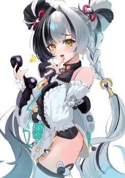 1girl ahoge animal_print aqua_nails ass bare_shoulders bear_print black_hair braid braided_twintails cable china_dress chinese_clothes commentary_request corded_phone detached_sleeves dialyn_(zenless_zone_zero) double_bun dress earrings from_side hair_bun hair_extensions hair_intakes hair_ornament hairclip highres holding holding_phone jewelry long_hair multicolored_hair multicolored_nails necktie neonewcatnyan open_mouth panda_hair_ornament panda_print phone red_nails ring_hair_extensions simple_background solo sparkle sparkling_eyes split-color_hair thighhighs white_background white_hair white_thighhighs yellow_eyes yellow_necktie zenless_zone_zero