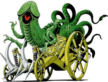 absurdres chariot colored_skin demon_(megami_tensei) extra_arms green_skin highres kazuma_kaneko male_focus mara_(megami_tensei) marker_(medium) misplaced_genitals no_humans official_art open_mouth penis penis_head retro_artstyle scan shin_megami_tensei shin_megami_tensei_ii signature skull_and_crossbones solo tentacles third-party_source tongue traditional_media transparent_background