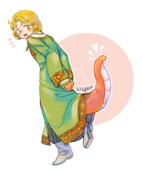 1girl artist_name blonde_hair blush boots commentary dress elden_ring fang full_body green_dress green_eyes grey_boots kanon_(rsl) long_dress looking_back looking_down notice_lines open_mouth rya_(elden_ring) short_hair simple_background snake_tail solo standing tail white_background