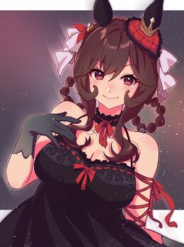 1girl animal_ears bare_shoulders black_dress black_gloves blush braid braided_hair_rings breasts brown_hair cleavage closed_mouth collar commentary_request dress ear_covers ear_ornament gentildonna_(umamusume) gloves hair_between_eyes hair_ornament hair_rings heart-shaped_ornament heart_ear_ornament highres horse_ears horse_girl large_breasts lia_(retiredstarmiya) long_hair looking_at_viewer red_eyes red_ribbon ribbon smile solo umamusume