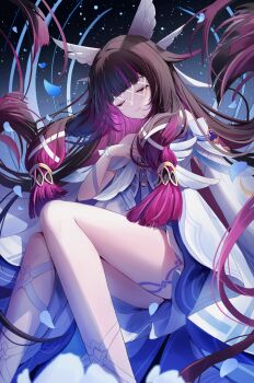 1girl bare_shoulders black_hair closed_eyes closed_mouth columbina_(genshin_impact) commentary dress erbium eye_mask falling_petals feet_out_of_frame genshin_impact hair_ornament hand_up highres long_hair long_sidelocks mask petals purple_hair revision sidelocks sitting smile solo twitter_username very_long_hair very_long_sidelocks white_dress wing_hair_ornament