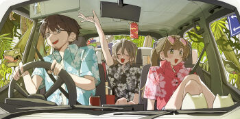 1boy 2girls absurdres arm_up black_shirt blue_shirt brown_hair can car_interior closed_eyes collared_shirt dinosaur drink_can driving earrings eyewear_on_head facial_hair fill_(fill_lemonn) floral_print glasses goatee green_eyes hawaiian_shirt heart heart-shaped_eyewear highres jewelry jungle multiple_girls nature nervous_smile open_mouth original ponytail red-tinted_eyewear red_shirt road_sign sharp_teeth shirt short_sleeves sign smile steering_wheel stud_earrings teeth tinted_eyewear