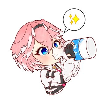 Rule 34 | 1girl, black gloves, blue eyes, blush, bottle, chibi, chibi only, commentary request, cropped torso, double-parted bangs, drinking, fingerless gloves, gloves, hair between eyes, head wings, highres, holding, holding bottle, hololive, long sleeves, milk, milk bottle, pink hair, ringo 21 a, shirt, short hair, simple background, smile, solo, speech bubble, spoken sparkle, takane lui, takane lui (1st costume), virtual youtuber, white background, white shirt, wings