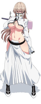 absurdres asanaya bleach breast_tattoo breasts brown_hair cleavage commentary_request cosplay full_body furen_e_lustario hair_between_eyes high_collar highres long_hair looking_at_viewer medium_breasts navel nijisanji number_tattoo red_eyes revealing_clothes shirt signature simple_background skirt standing tattoo tier_harribel tier_harribel_(cosplay) virtual_youtuber weapon weapon_on_back white_background white_shirt white_skirt