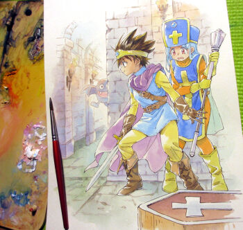 agahari art_brush art_tools_in_frame belt belt_buckle black_hair blue_eyes blue_hair blue_hat blue_tabard blue_tunic bodysuit boots brown_belt brown_boots brown_gloves buckle cape circlet closed_mouth coffin commentary_request creature cross dracky dragon_quest dragon_quest_iii dungeon fangs fire flying gloves hand_up hat heroine_(dq4) holding holding_staff holding_sword holding_weapon indoors long_hair mitre open_mouth orange_bodysuit paintbrush painting_(medium) photo_(medium) priest_(dq3) purple_cape red_eyes roto_(dq3) short_hair smile staff standing sword tabard tearing_up tears torch traditional_media tunic weapon wings yellow_bodysuit yellow_boots yellow_gloves