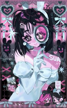 Rule 34 | 2girls, alien stage, artist name, asymmetrical gloves, bare shoulders, black hair, character name, commentary, copyright name, dress, gloves, green eyes, heart, highres, holding, holding mirror, jewelry, juliet sleeves, long sleeves, mirror, mizi (alien stage), multiple girls, necklace, off-shoulder dress, off shoulder, one eye covered, pearl necklace, pink hair, puffy sleeves, purple eyes, short hair, solo focus, sua (alien stage), taowu (20809), uneven gloves, watermark, weibo watermark, white gloves