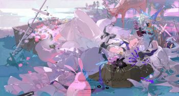 1girl absurdres animal_ears black_flower black_gloves bow chinese_commentary closed_eyes closed_mouth commentary_request commission deer dress flower fox_ears fox_girl fox_tail gloves grey_hair hair_bow hands_on_own_stomach highres lizard long_hair lying on_back original purple_bow rabbit red_flower solo tail very_long_hair white_dress white_flower xixun