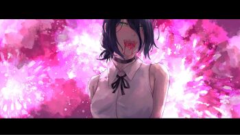 1girl armpit_crease black_choker black_hair black_ribbon blood blood_from_mouth chainsaw_man choker collared_shirt fireworks green_eyes hair_between_eyes hair_bun highres looking_at_viewer neck_ribbon outdoors reze_(chainsaw_man) ribbon shirt sleeveless sleeveless_shirt solo sunnysalt_08 tongue tongue_out white_shirt