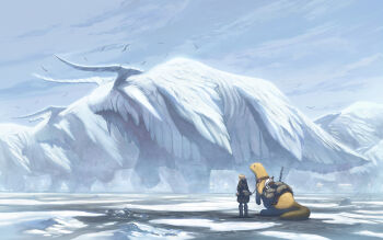 1other ambiguous_gender animal bag bird black_boots black_coat blonde_hair boots cloud coat commentary day fantasy gloves grand_scale gugu_(monkey) hood hood_down hooded_coat ice monster original otter oversized_animal reins short_hair simple_bird sky snow standing very_wide_shot water