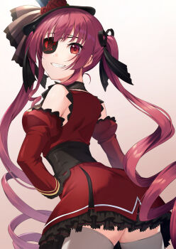 1girl akanebi arched_back arm_at_side arrow_through_heart ass black_hat black_ribbon black_skirt brown_background commentary corset cowboy_shot detached_sleeves dress drill_hair eyepatch flower frilled_dress frilled_sleeves frills from_behind from_side gothic_lolita gradient_background grin hair_ribbon hand_on_own_hip hat hat_flower highres hololive houshou_marine houshou_marine_(gothic_lolita) juliet_sleeves leaning_forward lolita_fashion lone_nape_hair long_hair long_sleeves looking_at_viewer mini_hat mini_top_hat no_leotard official_alternate_costume official_alternate_hair_length official_alternate_hairstyle puffy_sleeves raised_eyebrows red_dress red_eyes red_hair red_sleeves ribbon ringlets short_dress sidelocks skirt sleeveless sleeveless_dress smile solo thick_thighs thighhighs thighs top_hat twin_drills twintails twisted_torso underbust very_long_hair virtual_youtuber white_thighhighs