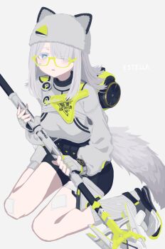 1girl absurdres animal_ears arknights bespectacled black_shirt black_shorts blue_eyes breasts bright_pupils cat_ears cat_girl cat_tail commentary crop_top ears_through_headwear elevation_contour_lines estella_(arknights) glasses grey_hair hair_over_one_eye highres holding holding_polearm holding_weapon leg_warmers looking_at_viewer medium_breasts no_lineart papaia_(quentingqoo) parted_lips polearm shirt shorts simple_background solo tail undershirt watch weapon white_background white_leg_warmers white_pupils white_shirt wristwatch