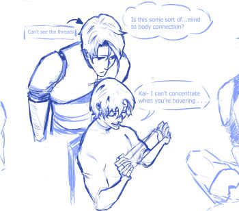 Rule 34 | 2boys, arrow (symbol), bags under eyes, commentary, cropped, ellieaedon, english commentary, english text, hands up, highres, kai (shadow slave), male focus, multiple boys, scarf, shadow slave, shoulder pads, speech bubble, sunny (shadow slave), talking, thought bubble, thread, tunic