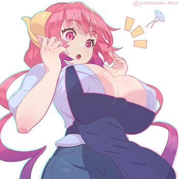 1girl :o apron blue_shirt breasts buttons chromatic_aberration cleavage dragon_horns fang flying_button horns huge_breasts ilulu_(maidragon) kobayashi-san_chi_no_maidragon large_breasts long_hair pink_eyes pink_hair pointy_ears popped_button shirt simple_background slit_pupils solo surprised twintails twitter_username very_long_hair white_background yellow_horns yonezawa_mao