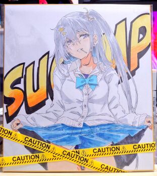 Rule 34 | 1girl, alakoala, aqua ribbon, black one-piece swimsuit, blue skirt, candy, character name, competition swimsuit, cowboy shot, food, grey hair, hair ornament, highleg, kantai collection, looking at viewer, miniskirt, one-piece swimsuit, open mouth, pleated skirt, purple eyes, ribbon, scamp (kancolle), shikishi, shirt, side ponytail, skirt, solo, star (symbol), star hair ornament, swimsuit, swimsuit under clothes, teeth, traditional media, white shirt