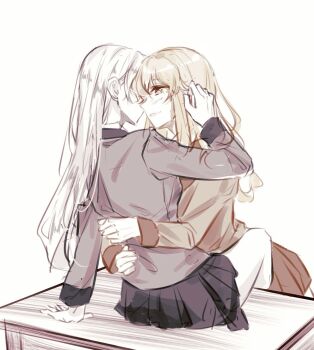 Rule 34 | 2girls, black skirt, blonde hair, commentary request, grey eyes, grey shirt, grin, hands in another's hair, highres, hug, kakegurui, long hair, long sleeves, looking at another, m10cmdesu, momobami ririka, multiple girls, muted color, on table, orange shirt, pleated skirt, red skirt, saotome mary, school uniform, shirt, simple background, skirt, smile, table, white background, white hair, yuri