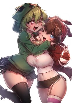2girls beanie black_shorts black_skirt black_thighhighs blue_eyes breasts brown_hair commentary creeper dolphin_shorts double-parted_bangs english_commentary ermao_wu fang garter_straps green_hair green_hoodie hair_between_eyes hand_up hat highres hood hood_up hoodie hug large_breasts long_sleeves looking_at_another looking_at_viewer medium_hair microskirt midriff minecraft multiple_girls navel nipples one_eye_closed open_mouth original personification pink_eyes red_hat red_shrug see-through_clothes see-through_shirt shirt short_shorts shorts shrug_(clothing) simple_background single_garter_strap skirt smile tearing_up thighhighs v white_background white_shirt