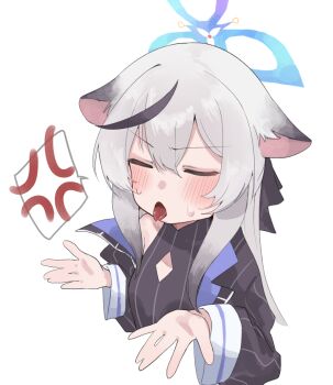 1girl anger_vein animal_ears black_hair black_jacket blue_archive blue_halo blush closed_eyes commentary grey_hair halo jacket kokona_(blue_archive) multicolored_hair open_mouth saliva shimeji_take simple_background spoken_anger_vein streaked_hair striped_clothes striped_jacket tongue tongue_out upper_body vertical-striped_clothes vertical-striped_jacket white_background