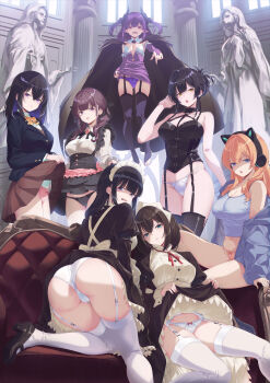 40hara 6+girls absurdres all_fours animal_ear_headphones animal_ears apron bare_shoulders black_bodice black_garter_straps black_hair black_panties black_ribbon black_thighhighs blazer blue_camisole blue_eyes blue_panties blunt_bangs bodice bow bow_panties bowtie breasts bridal_gauntlets brown_cape brown_dress brown_hair camisole cape cat_ear_headphones cat_ears character_request cleavage clothes_lift collarbone collared_shirt colored_inner_hair copyright_name copyright_notice couch crop_top crotch_seam day demon_girl demon_horns disgust dress fake_animal_ears frilled_apron frilled_sleeves frills frown garter_belt garter_straps glaring green_eyes hair_between_eyes hair_bun hair_ribbon headphones highres horns indoors itou_chitose iya_na_kao_sare_nagara_opantsu_misete_moraitai jacket juliet_sleeves large_breasts lifting_own_clothes long_hair long_sleeves looking_at_viewer looking_back looking_down looking_to_the_side maid maid_apron maid_headdress maou_(40hara) medium_breasts medium_hair miniskirt mita_nanako multicolored_hair multiple_girls navel neck_ribbon no_pants official_art on_couch open_clothes open_jacket open_mouth orange_bow orange_bowtie orange_hair panties panties_over_garter_belt pink_apron pink_panties pleated_skirt puffy_sleeves purple_bridal_gauntlets purple_dress purple_hair red_eyes red_ribbon ribbon school_uniform shaded_face shirt short_dress sidelocks sideways_glance single_bare_shoulder single_hair_bun single_off_shoulder sitting skirt skirt_lift sleeveless sleeveless_dress small_breasts standing statue stone_pillar string_panties taut_camisole taut_clothes thighhighs turning_head twintails two_side_up underbust underwear waist_apron white_panties white_shirt white_thighhighs window yellow_eyes yuina_(iyapan)