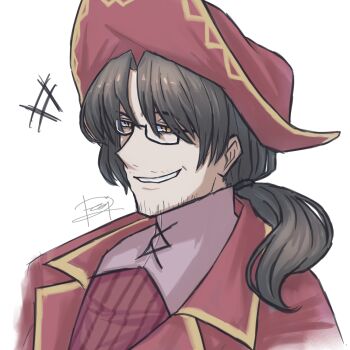 1boy absurdres alternate_costume beard_stubble black-framed_eyewear black-framed_glasses brown_hair close-up collared_jacket contrast_collar facial_hair formal_clothes from_side glasses gregor_(project_moon) grin hair_between_eyes hair_intakes hair_over_one_eye hair_over_shoulder half-closed_eyes happy hat highres jacket lapels laughing limbus_company long_hair long_sleeves looking_ahead low_ponytail male_focus notched_lapels official_alternate_costume open_clothes open_jacket parted_bangs parted_lips photoshop_(medium) pirate_costume pirate_hat ponytail portrait project_moon raised_eyebrow red_hat red_jacket red_shirt red_strips semi-rimless_eyewear shirt signature simple_background smile smirk smug solo stubble suit_jacket teeth twinhook_pirates_(identity)_(project_moon) under-rim_eyewear upper_body white_background yellow_eyes yellow_trim