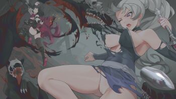 2girls animal ass battle black_hair black_legwear black_panties blue_eyes breasts bullet cape crescent_rose detached_sleeves grey_eyes grimm_(rwby) highres holding holding_weapon long_hair medium_breasts multiple_girls myrtenaster one_eye_closed panties rapier red_cape ruby_rose rwby scar scar_across_eye scar_on_face short_hair side_ponytail sword thighhighs torn_clothes underwear wangxiii weapon weiss_schnee white_hair white_panties