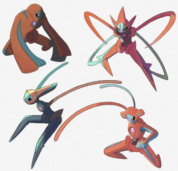 alternate_form ashita_mo deoxys deoxys_(attack) deoxys_(defense) deoxys_(normal) deoxys_(speed) expressionless gen_3_pokemon highres looking_at_viewer looking_to_the_side multiple_views mythical_pokemon nintendo no_humans pokemon pokemon_(creature) simple_background tentacles