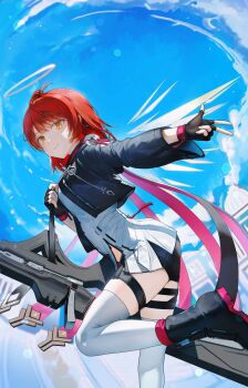 1girl absurdres arknights black_gloves black_jacket closed_mouth commentary_request cross cross_earrings detached_wings earrings energy_wings exusiai_(arknights) exusiai_the_new_covenant_(arknights) feet_out_of_frame fingerless_gloves foot_out_of_frame gloves halo highres jacket jewelry korean_commentary long_hair looking_at_viewer medium_hair mewem333 one_side_up red_hair smile solo standing standing_on_one_leg thighhighs traditional_halo white_thighhighs wings yellow_halo