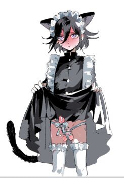 Rule 34 | 1boy, alternate costume, animal ears, apron, beluckylucky, black dress, black hair, blush, buttons, cat boy, cat ears, cat tail, clothes lift, commentary request, crossdressing, crossdressing (mtf), danganronpa (series), danganronpa v3: killing harmony, dress, dress lift, embarrassed, enmaided, erection, flipped hair, frilled apron, frills, full-face blush, hair between eyes, highres, looking at viewer, maid, male focus, male maid, no male underwear, no panties, oma kokichi, penis, penis ribbon, precum, presenting, purple eyes, ribbon, short hair, simple background, solo, standing, sweat, tail, testicles, thighhighs, trap, white background, white thighhighs