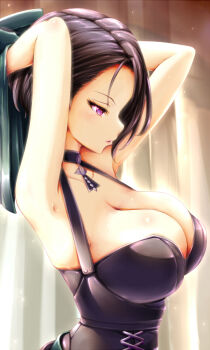 1girl alternate_breast_size armpits bare_shoulders black_hair black_shirt bodice breasts cleavage collarbone commentary_request cropped_jacket curtains fire_emblem fire_emblem:_three_houses green_jacket jacket large_breasts lips nintendo parted_lips pink_lips profile purple_eyes shamir_nevrand shirt short_hair sleeveless sleeveless_shirt solo unworn_jacket yanmarson