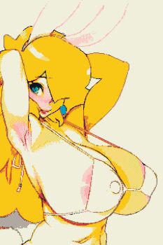 1girl alternate_breast_size_(larger) animal_ears armpits arms_behind_head arms_up bare_shoulders bikini blonde_hair blue_eyes blush breasts collarbone commentary doxy english_commentary eyepatch_bikini fake_animal_ears hair_over_one_eye huge_breasts lips long_hair mario_(series) nintendo parted_lips pixel_art princess_peach rabbit_ears smile solo stomach super_mario_bros._1 swimsuit upper_body white_bikini