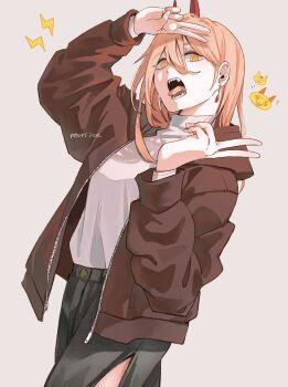 Rule 34 | 1girl, black pants, brown jacket, chainsaw man, demon horns, earrings, highres, hood, hood down, hooded jacket, horns, ice morinaka, jacket, jewelry, long hair, looking at viewer, open mouth, orange hair, pants, power (chainsaw man), sharp teeth, shirt, side slit, signature, solo, teeth, thighs, tongue, tongue out, turtleneck, turtleneck shirt, v, white shirt, yellow eyes