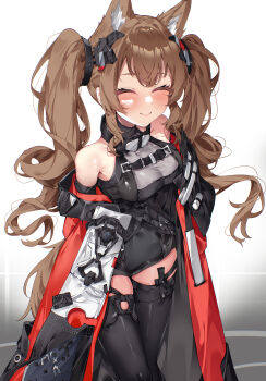 1girl absurdres angelina_(arknights) animal_ear_fluff animal_ears arknights arknights:_endfield bare_shoulders belt black_thighhighs breasts brown_hair chinese_commentary coat commentary_request cowboy_shot dot_nose dress fox_ears fox_girl gilberta_(arknights) grey_dress headpiece high_belt high_collar highres hua-huahua impossible_clothes impossible_dress leaning_forward long_hair medium_breasts off_shoulder open_clothes open_coat red_coat skindentation smile solo thighhighs twintails white_background zettai_ryouiki