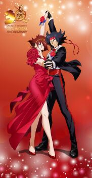 1boy 1girl absurdres arm_up artist_request black_gloves black_hair black_jacket black_pants black_shoes blue_eyes blush bow bowtie bracelet brown_eyes brown_hair closed_mouth collared_shirt couple dancing domon_kasshu dress earrings full_body g_gundam gloves gold_bracelet gold_earrings gradient_background grin gundam hairband headband hetero high_heels highres holding_hands interlocked_fingers jacket jewelry long_dress looking_at_viewer official_art open_clothes open_jacket outstretched_arm pants parted_lips rain_mikamura red_bow red_bowtie red_dress red_headband red_shoes shirt shoes short_hair smile tango thick_eyebrows white_shirt yellow_hairband