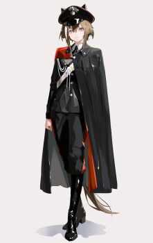 1girl absurdres alternate_costume animal_ears black_boots black_cloak black_hat black_jacket black_necktie black_pants blue_eyes boots breasts brown_hair cheval_grand_(umamusume) cloak closed_mouth collared_shirt commentary_request ear_covers ears_through_headwear full_body hair_between_eyes hat highres horse_ears horse_girl horse_tail jacket long_sleeves looking_at_viewer multicolored_hair necktie pants peaked_cap sash shirt simple_background solo streaked_hair tail umamusume white_hair white_sash white_shirt yoojp