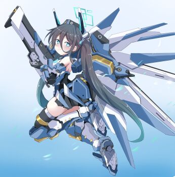 1girl aqua_halo aris_(armed)_(blue_archive) aris_(blue_archive) bare_shoulders black_hair blue_archive blue_eyes blue_necktie commentary english_commentary gloves gradient_hair hair_between_eyes halo headgear highres leotard long_hair long_hair_between_eyes looking_at_viewer mecha_musume mechanical_legs mechanical_wings mikazuki_toto multicolored_hair multicolored_leotard necktie official_alternate_costume railgun rectangular_halo ringed_eyes short_necktie smile solo thighhighs twintails very_long_hair wings