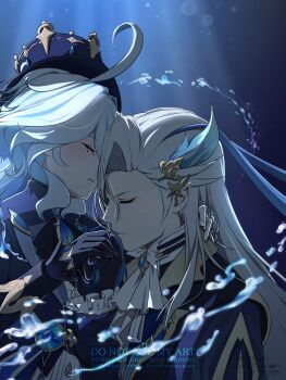1boy 1girl ahoge ascot black_gloves blue_coat blue_gem blue_hair blue_hat blue_jacket coat commentary_request furina_(genshin_impact) gem genshin_impact gloves hair_ornament hat hat_ornament highres jacket long_hair long_sleeves multicolored_hair neuvillette_(genshin_impact) pointy_ears sakuraji_tomoka streaked_hair top_hat upper_body water watermark white_ascot white_hair