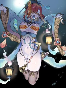 Rule 34 | 1girl, bell, bikini, black thighhighs, blue tongue, braid, colored skin, colored tongue, cum, earrings, ejaculation, erection, eyeliner, fangs, fingernails, futanari, hair over one eye, hat, highres, hitobashira (1746164306), jewelry, lantern, long hair, makeup, navel, nipples, open mouth, orange eyes, original, penis, purple skin, qingdai guanmao, red hair, red nails, sharp fingernails, solo, stirrup legwear, swimsuit, teeth, testicles, thighhighs, toeless legwear, tongue, tongue out, uncensored