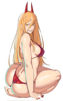 1girl ass barefoot bikini blonde_hair breasts chainsaw_man commentary cross-shaped_pupils demon_girl demon_horns english_commentary from_side grin hair_between_eyes highres horns large_breasts long_hair_between_eyes looking_at_viewer octavius_(octavius_dp) power_(chainsaw_man) red_bikini red_horns red_lips red_nails sharp_teeth sideboob sitting smile solo swimsuit symbol-shaped_pupils teeth white_background