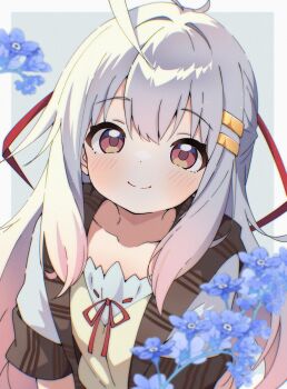 1girl blue_flower blurry blurry_foreground blush closed_mouth collarbone commentary depth_of_field flower gradient_hair grey_hair haguran hair_between_eyes hair_ornament hair_ribbon hairclip highres jacket long_hair looking_at_viewer mesugaki_(haguran) multicolored_hair original pink_hair red_eyes red_ribbon ribbon shirt smile solo upper_body white_hair white_shirt