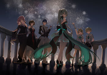 2boys 4girls absurdres aerial_fireworks ahoge aqua_eyes aqua_hair arm_up balcony black_dress black_eyes black_vest blonde_hair blue_hair breasts brother_and_sister brown_hair closed_mouth commentary_request cup dress drinking_glass elbow_gloves fireworks gloves hatsune_miku high_heels highres holding holding_cup kagamine_len kagamine_rin kaito_(vocaloid) long_hair long_sleeves looking_at_viewer looking_back medium_breasts megurine_luka meiko_(vocaloid) miku_symphony_(vocaloid) multiple_boys multiple_girls night night_sky official_alternate_costume official_alternate_hairstyle open_mouth outdoors pantyhose pink_hair riai_kurumi shirt shoes short_hair short_sleeves siblings sky sleeveless smile twintails very_long_hair vest vocaloid white_dress white_gloves white_pantyhose white_shirt white_shoes wine_glass