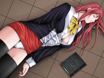 00s 1girl bible_black book breasts cleavage closed_eyes female_focus game_cg long_hair lying on_floor on_side panties pantyshot pencil_skirt red_hair sei_shoujo skirt solo takashiro_hiroko thighhighs unconscious underwear
