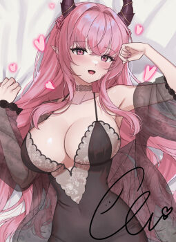1girl black_dress breasts choker cleavage collarbone commentary covered_navel cowboy_shot crossed_bangs dress ella_7737 grey_choker hair_between_eyes hands_up heart highres horns large_breasts long_hair looking_at_viewer loving_aura open_mouth original pink_eyes pink_hair pointy_ears signature simple_background single_bare_shoulder smile solo symbol-only_commentary white_background wispy_bangs