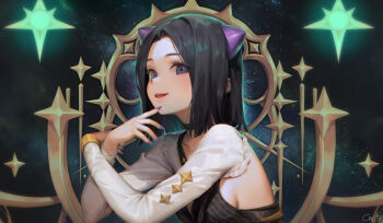 1girl black_choker black_dress black_hair blunt_ends breasts caesty choker commentary curtained_hair dress english_commentary from_side grey_eyes highres horns looking_at_viewer medium_breasts nail_polish open_mouth original parted_bangs purple_horns purple_nails short_hair sideboob smile solo upper_body white_sleeves