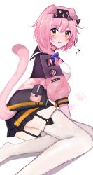 Rule 34 | 1girl, absurdres, animal ears, arknights, arm support, black hairband, black jacket, black skirt, blue bow, blush, bow, braid, breasts, cat ears, cat girl, cat tail, commentary request, from side, garter straps, goldenglow (arknights), hair bow, hair ornament, hairband, hairclip, highres, jacket, lightning bolt print, long hair, looking at viewer, mayuchi427, miniskirt, multicolored clothes, multicolored jacket, no shoes, open clothes, open jacket, parted lips, pink hair, pink jacket, pleated skirt, pocket, shirt, side braid, simple background, single braid, sitting, skirt, solo, tail, thighhighs, white background, white shirt, white thighhighs, yellow eyes, yokozuwari, zettai ryouiki
