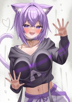 1girl absurdres against_glass animal_ear_fluff animal_ears aroused black_collar black_hoodie blush breast_press breasts_on_glass cat_ears cat_girl cat_tail collar commentary crop_top fang hair_between_eyes highres hololive hood hoodie kumoru_(kumoru_145) long_hair long_sleeves medium_hair midriff navel nekomata_okayu open_mouth pants purple_eyes purple_hair purple_tail solo stomach sweatpants tail virtual_youtuber white_pants