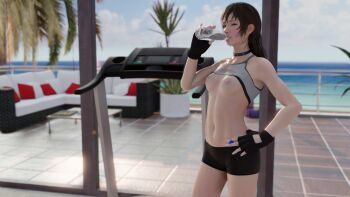 1girl 3d bike_shorts blender_(medium) blurry blurry_background blush bottle bra bra_lift breasts brown_eyes brown_hair choker clothes_lift commentary day drinking english_commentary final_fantasy final_fantasy_xv fingerless_gloves gloves hand_on_own_hip highres holding holding_bottle iris_amicitia lazyprocrastinator long_hair looking_at_viewer medium_breasts navel nipples solo sports_bra sports_bra_lift standing studded_choker sweat treadmill underwear water_bottle window
