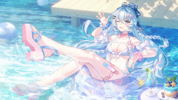 1girl ;p absurdres aimh ball beachball bikini blue_eyes blue_hair bracelet breasts cake cleavage commentary_request cup food highres honkai_(series) honkai_impact_3rd innertube jewelry large_breasts long_hair one_eye_closed partially_submerged sandals shigure_kira solo swim_ring swimsuit thigh_strap tongue tongue_out tropical_drink very_long_hair water white_bikini