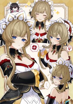 1girl absurdres bare_shoulders black_hair blue_eyes breasts brown_hair closed_eyes closed_mouth columbina_(genshin_impact) commentary_request detached_collar detached_sleeves dress genshin_impact gloves highres long_hair long_sleeves looking_at_viewer mugita_(mokankan) multicolored_hair open_mouth puppet sandrone_(genshin_impact) white_gloves