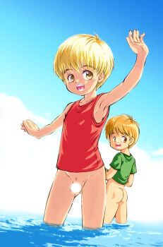 2boys armpits ass blonde_hair green_shirt kamisae male_focus multiple_boys open_mouth original outdoors penis red_tank_top shirt tank_top wading